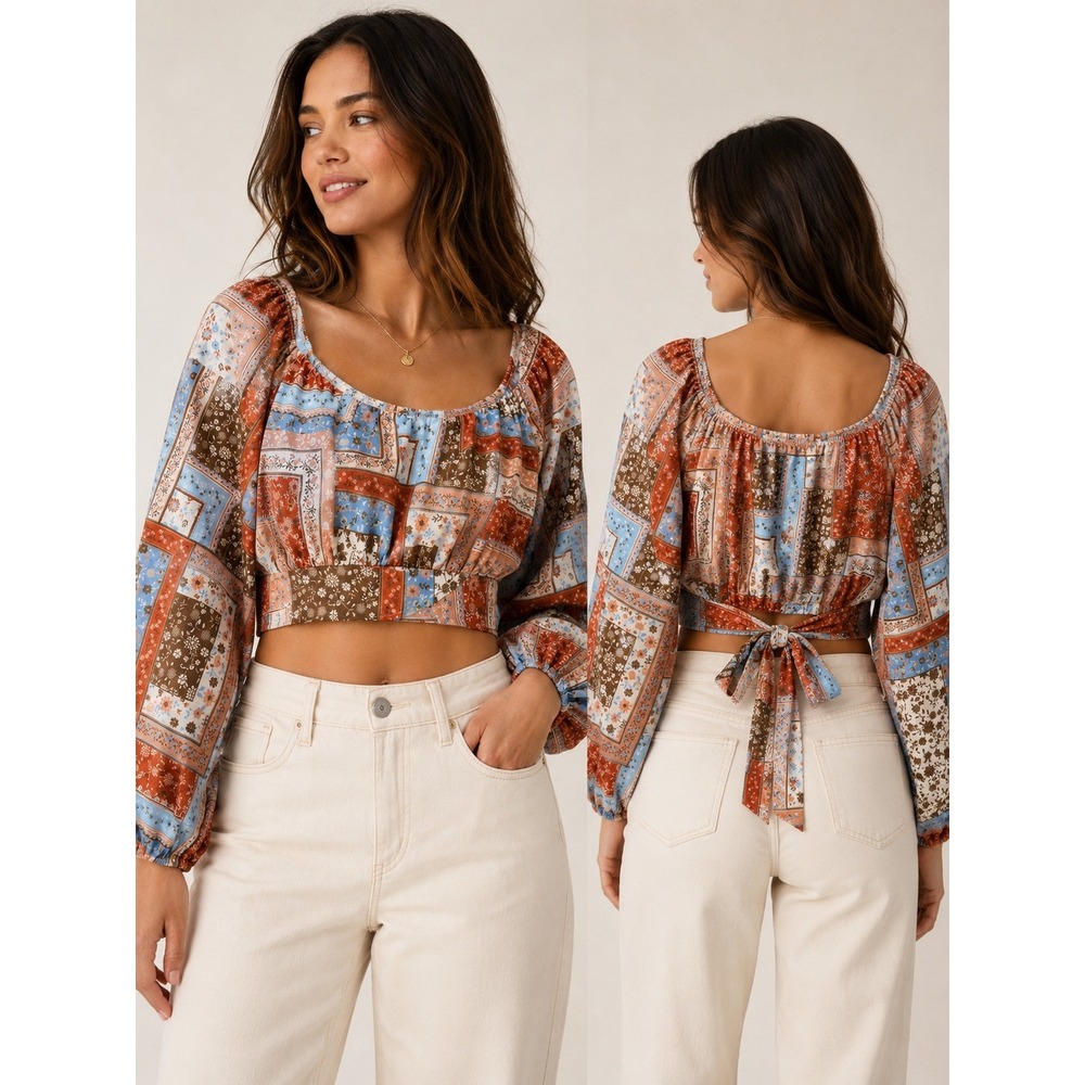 Taro State Floral Patchwork Crop Top Long Balloon Sleeve Boho Rust Blue Large